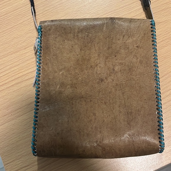 ✨SALE✨Handmade Leather Tribal Stitched Crossbody Bag Brown Turquoise Coconut - Picture 6 of 9